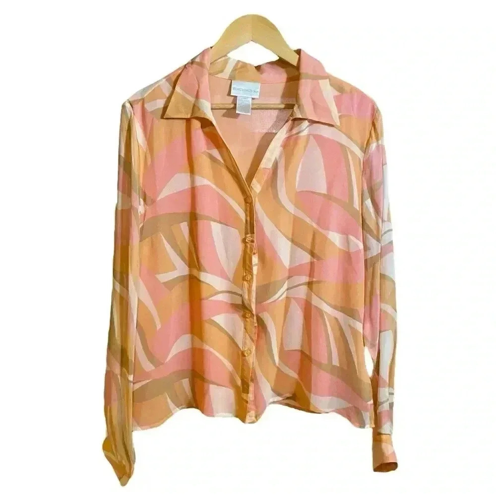 Worthington Women's Dress Shirt Button Down V-neck Multicolor Geometric Print XL